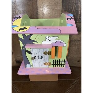 Vtg Ganz Candle Jar Holder Halloween Fall Haunted House Ghosts Cat Bat Pumpkins